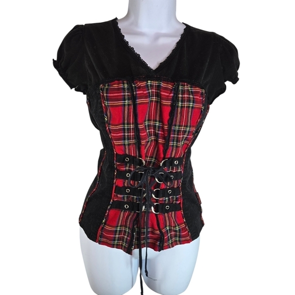 Vtg Tripp NYC red plaid corset lace up front Gothic emo whimsigoth shirt xxl - Picture 1 of 10